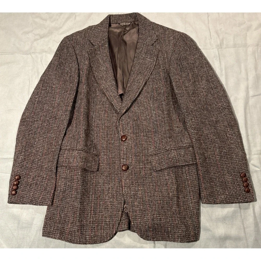 Harris Tweed Mens Wool Blazer Sport Coat Grey Brown Check USA Made 2 Button